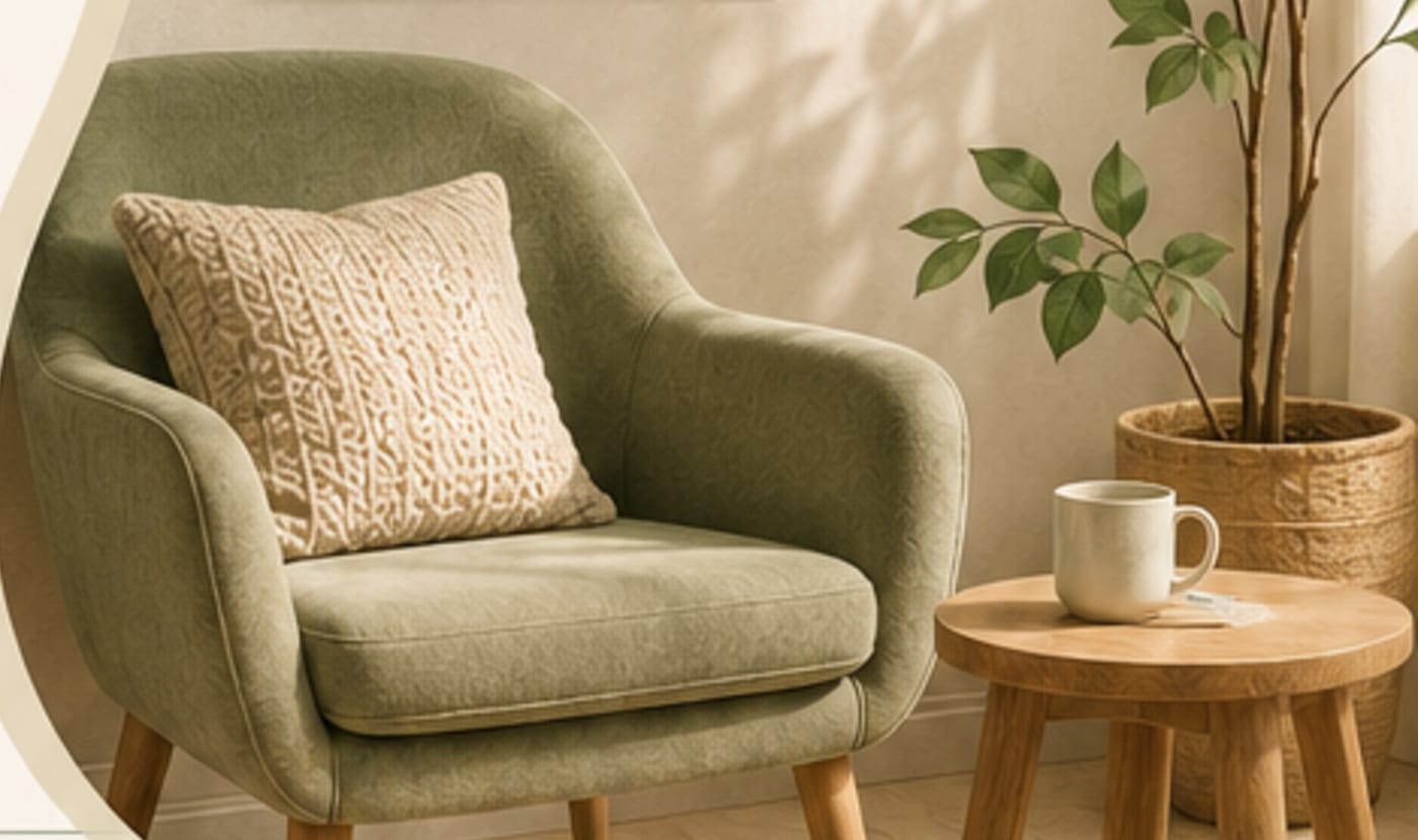 A quiet room with a green armchair, a plant and warm afternoon light